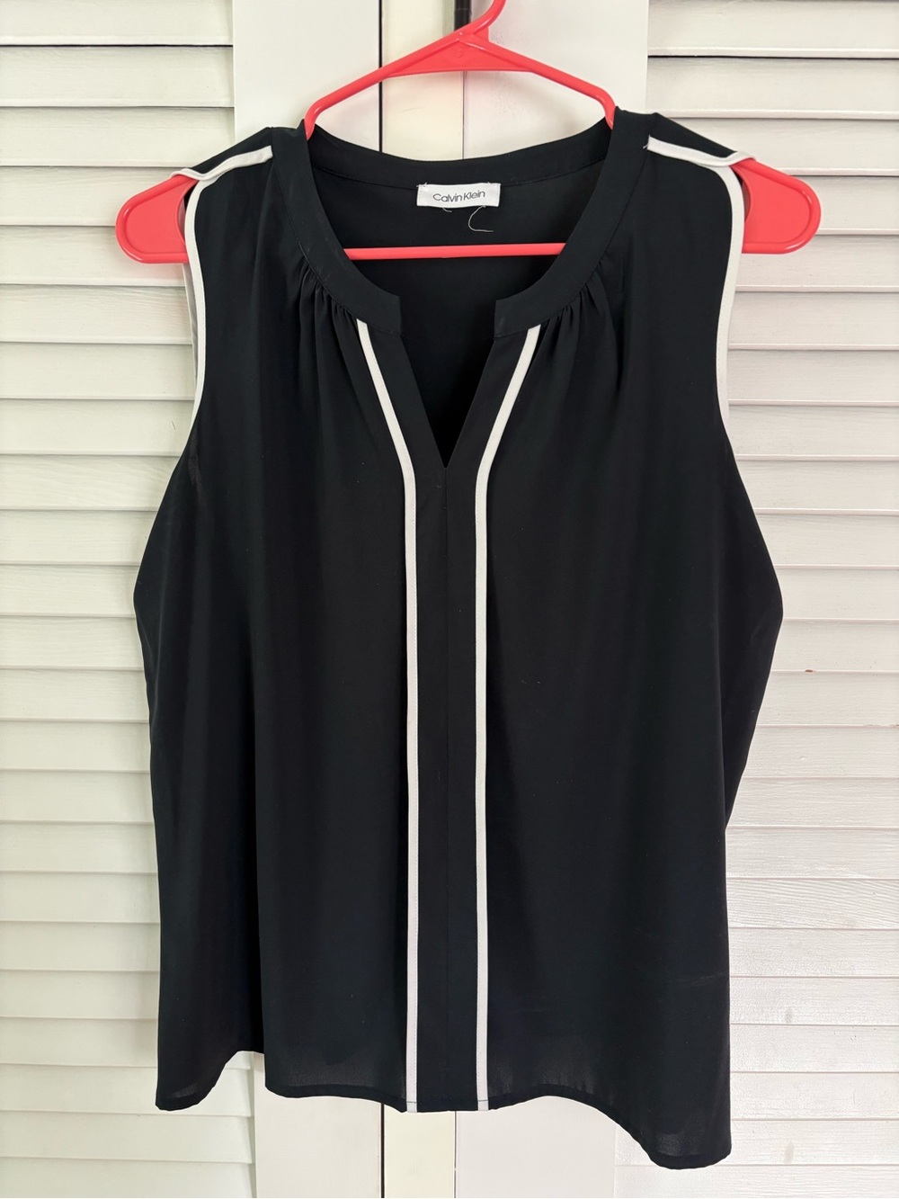 Calvin Klein Midnight Blue Sleeveless V-Neck Top with White Piping